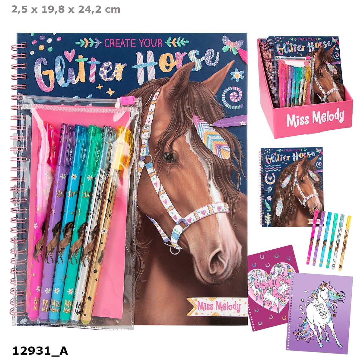 Miss Melody Glitter Horse malebog med gel penne